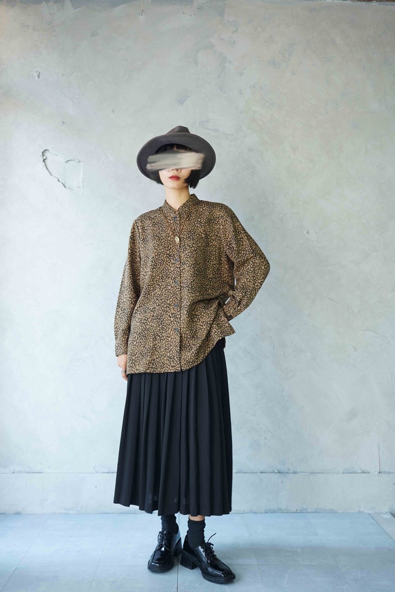 寻宝古着-芥黄色迷彩豹纹动物印花立领复古衬衫 - 女装衬衫 - 聚酯纤维 卡其色