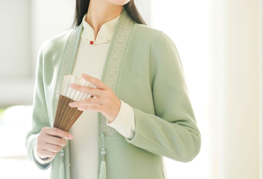 新中式 冬季中国风汉服加厚进口澳毛高端羊绒双面呢大衣外套 - 女装上衣 - 羊毛 绿色