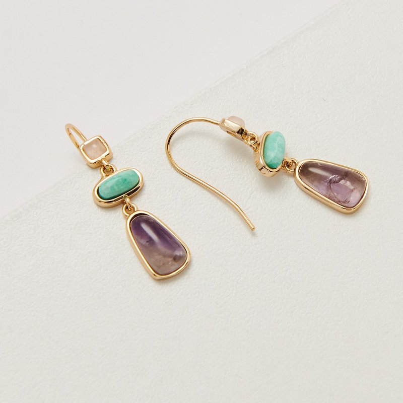 古韵典雅宝石耳环  粉晶、绿松石、紫水晶 - 耳环/耳夹 - 铜/黄铜 金色