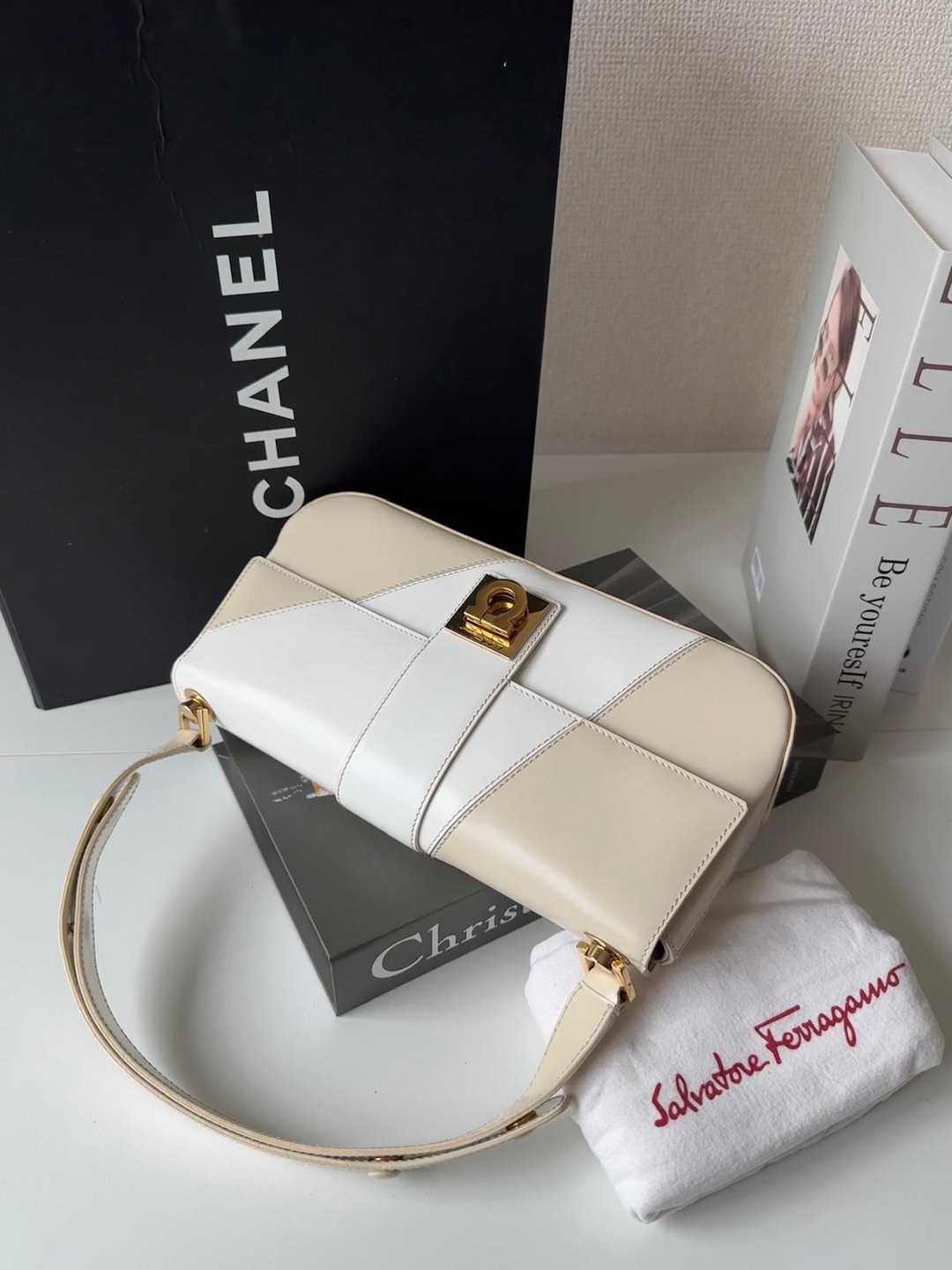 中古包 Ferragamo 菲拉格慕 奶油白拼色 Box Leather 法棍包 - 手提包/手提袋 - 真皮 白色