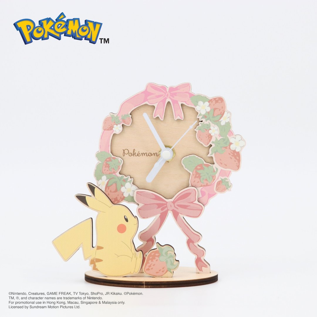 Pokémon桌上时钟 - 缎带 皮卡丘 pikachu 宝可梦 办公室小物 - 时钟/闹钟 - 木头 粉红色