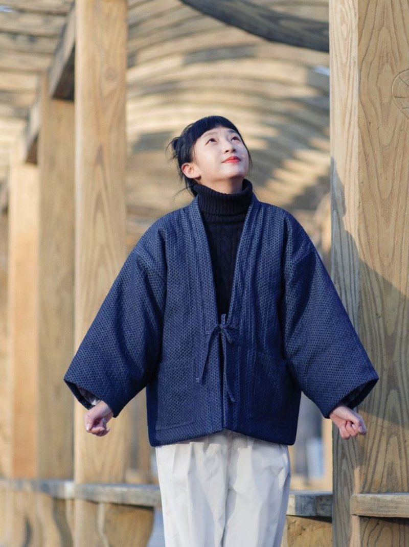 佛系肌理牛仔 日式和风夹棉道袍外套 无性别穿搭 - 女装上衣 - 其他材质 蓝色