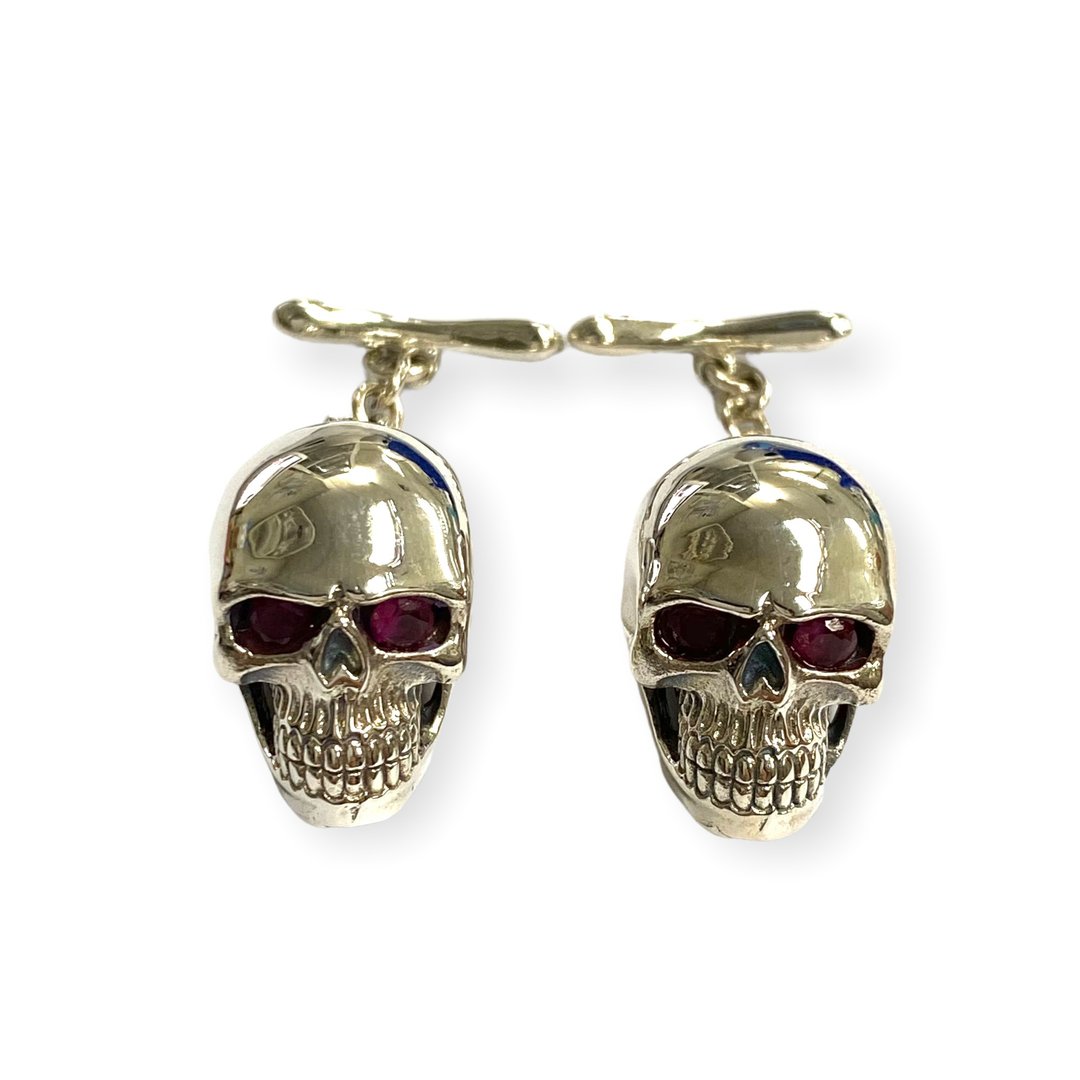 Gothic Style Skull with Ruby Cufflinks 925 Sterling Silver Mens Fathers Day Gift - 袖扣 - 纯银 银色