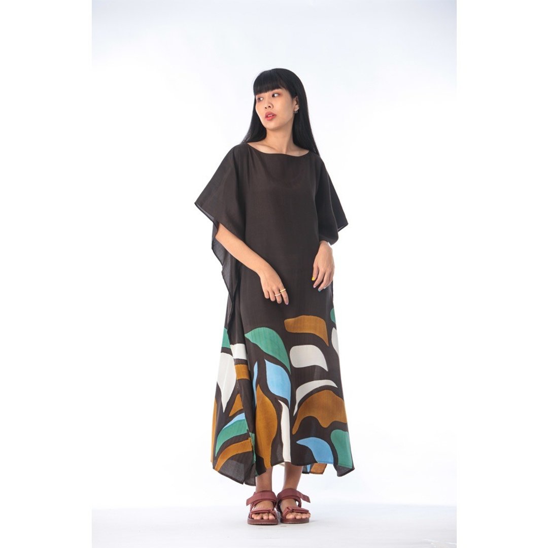 Hand Painted Cotton Silk Kaftan for Summer Resort Vacation F - 洋装/连衣裙 - 棉 黑色