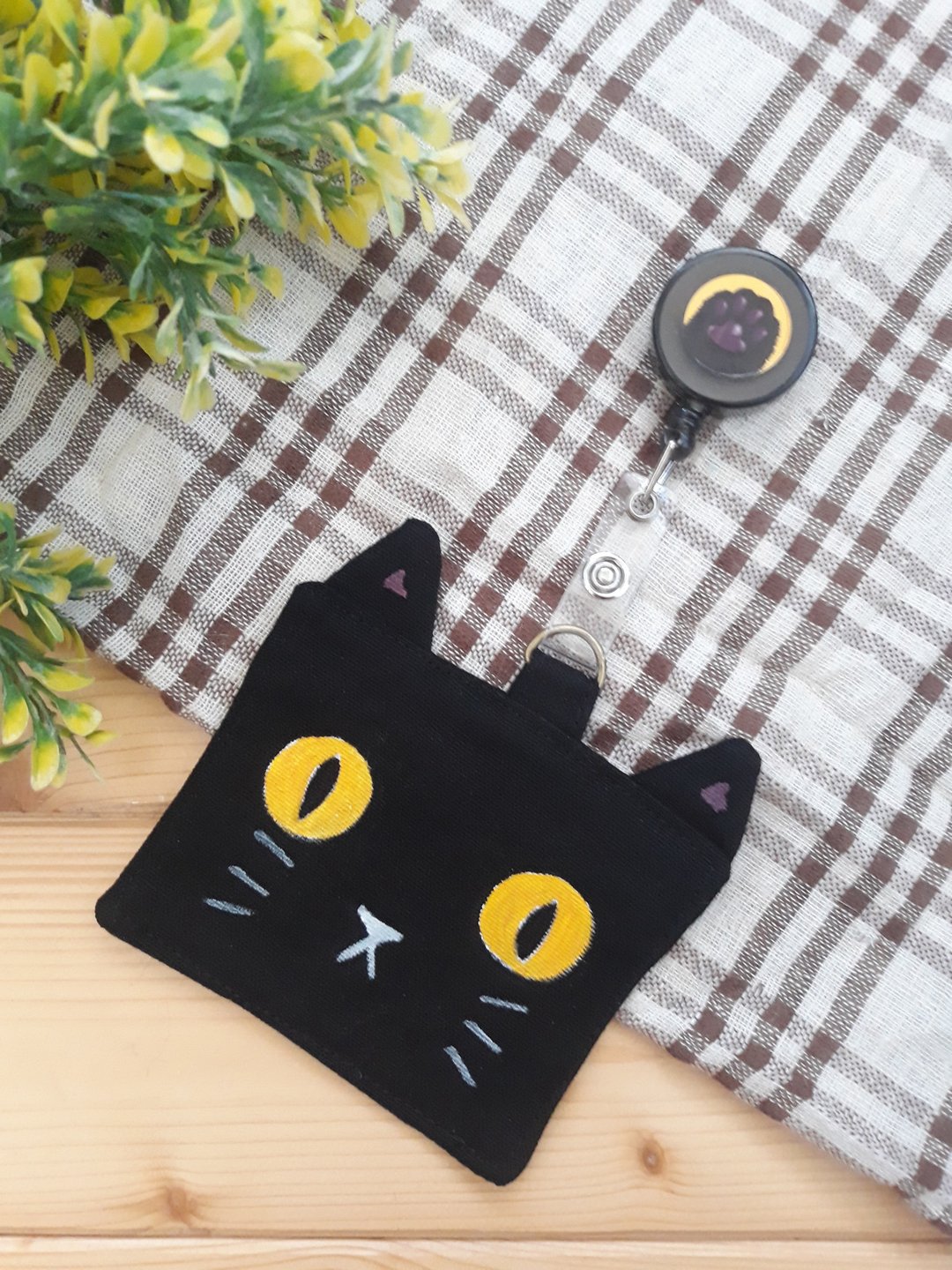 黑猫猫捷运卡套/证件卡夹/附猫掌伸缩绳 - 证件套/卡套 - 棉．麻 黑色