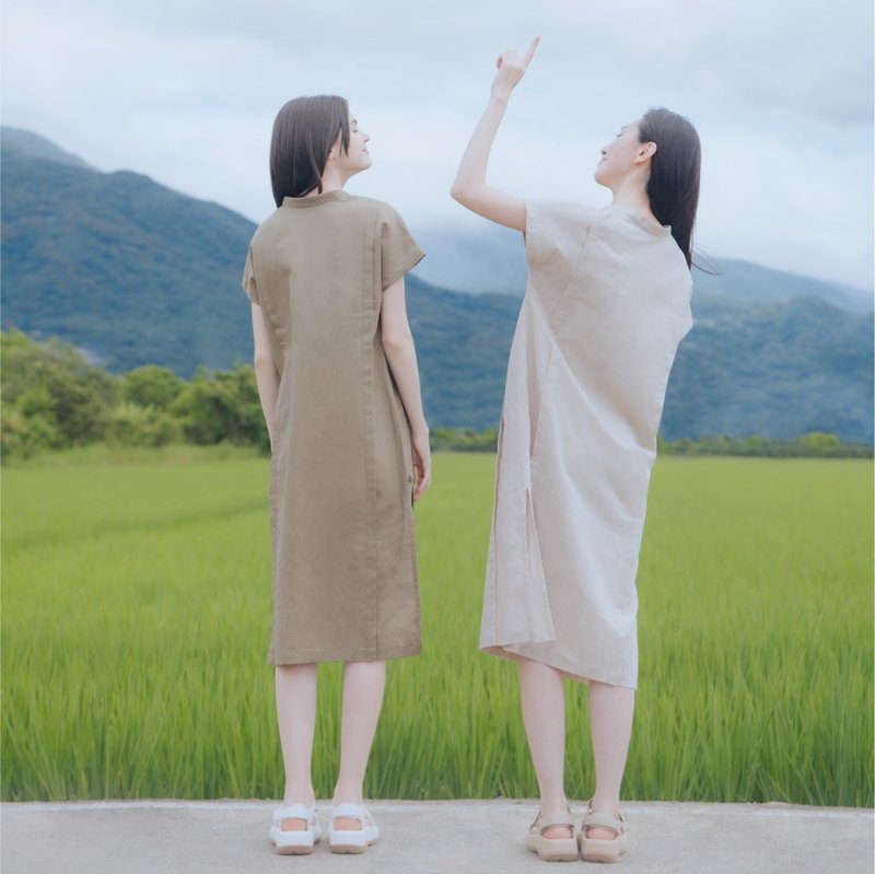 【MACACA】夏之歌:自在连身裙 - BIE8393 卡其 - 洋装/连衣裙 - 棉．麻 卡其色
