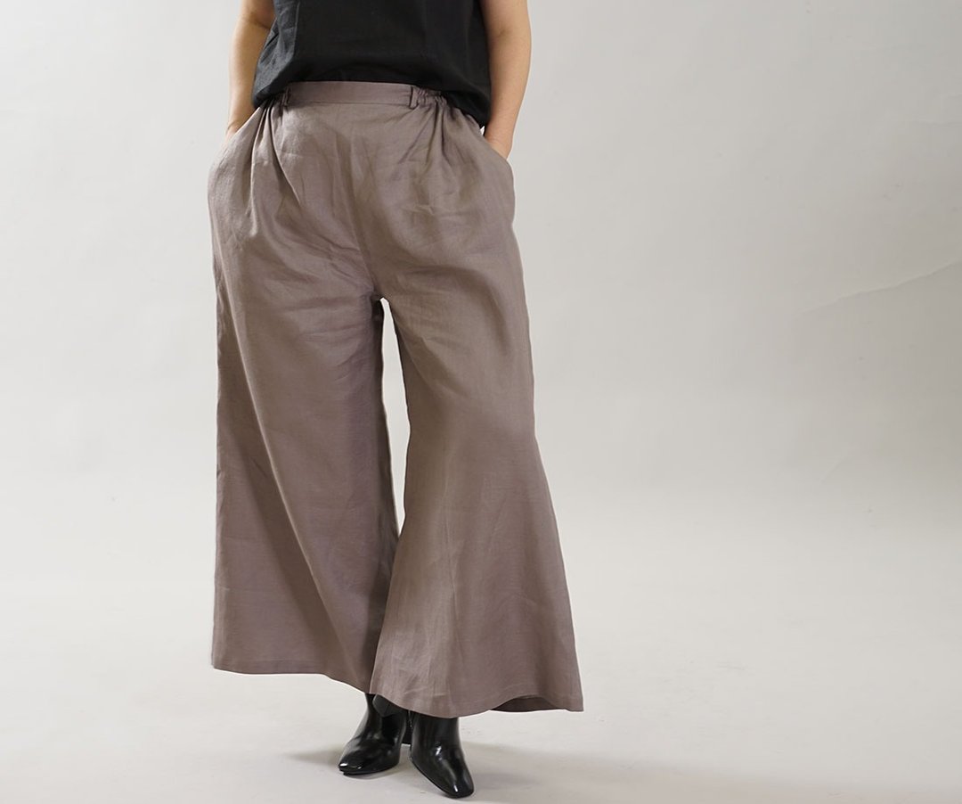 wafu Linen wide patns / long length / elastic waistbelt / mocha b010a-vay1 - 女装长裤 - 棉 灰色
