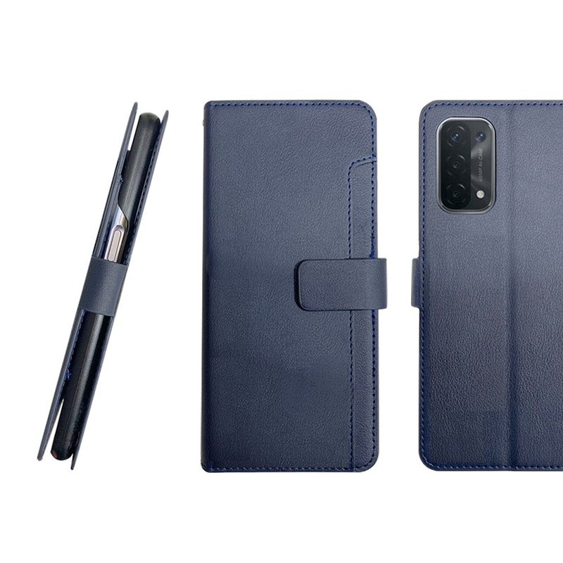 CASE SHOP OPPO A74(5G) 前插卡侧立式皮套-蓝  加送3.5mm耳机 - 手机壳/手机套 - 人造皮革 蓝色