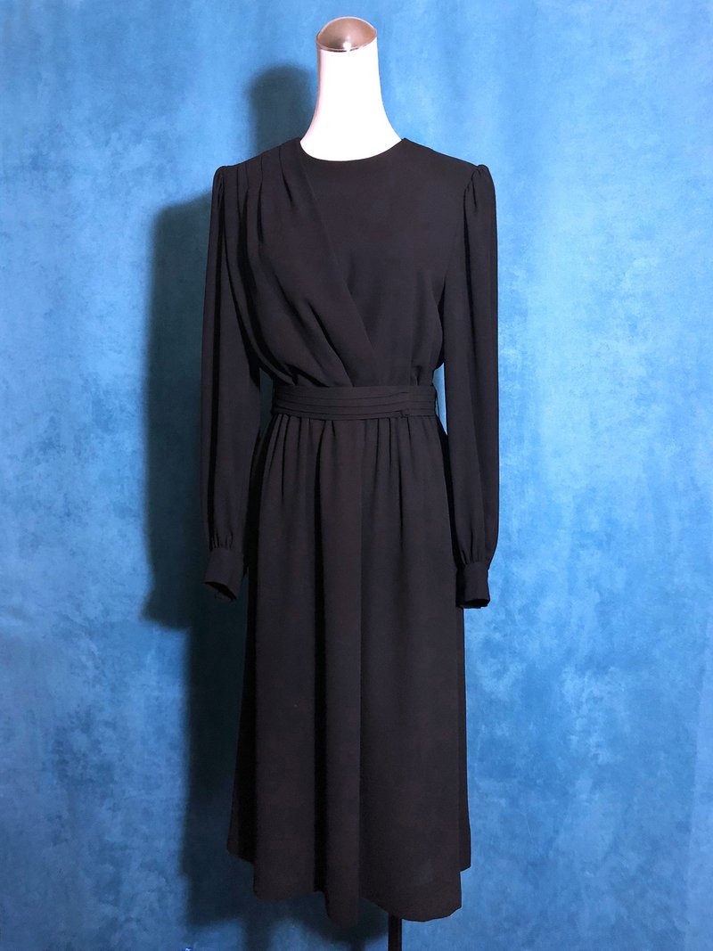 纯黑腰封长袖古着洋装/ 国外带回 VINTAGE - 洋装/连衣裙 - 聚酯纤维 黑色