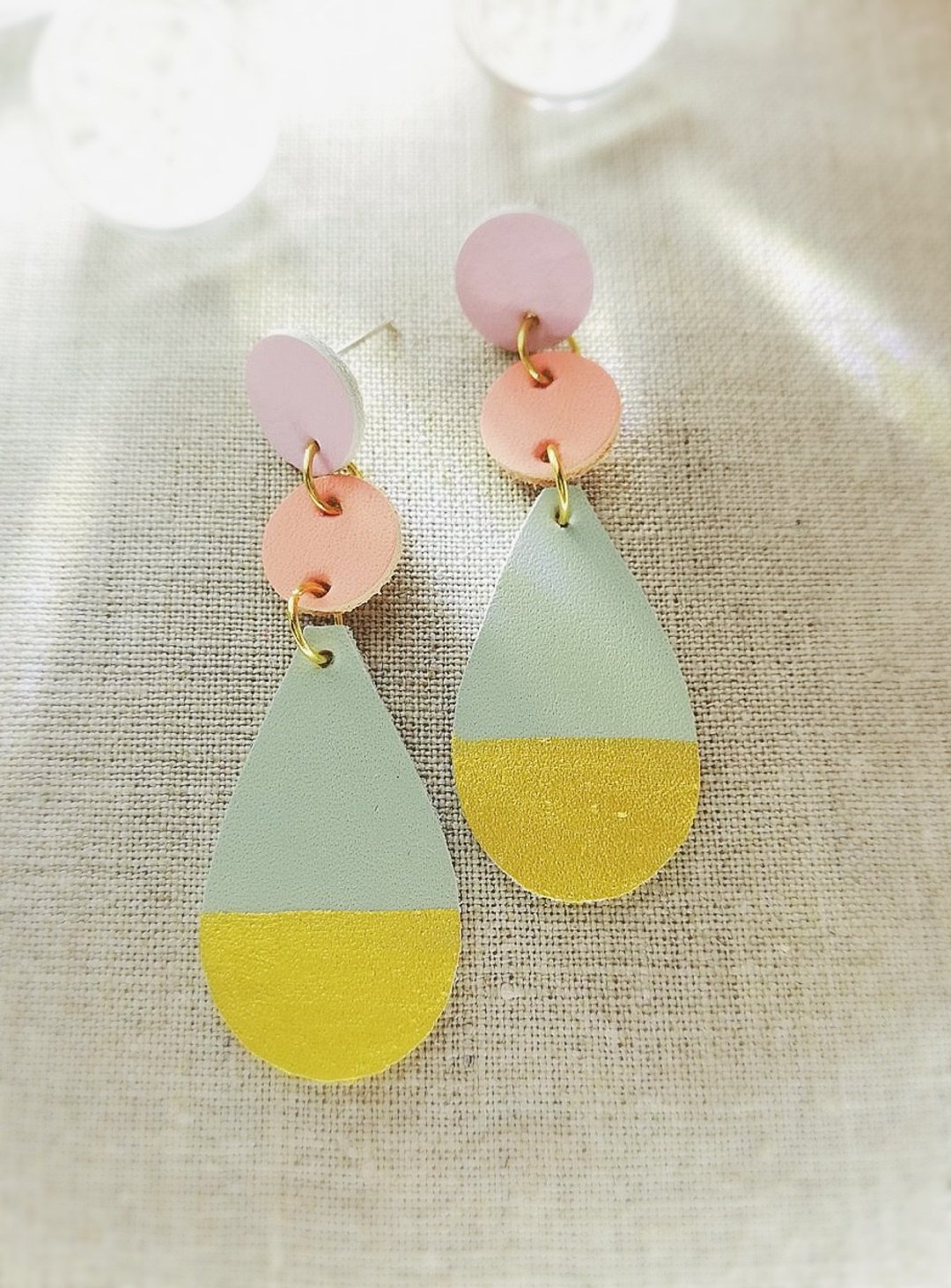 Handmade  geometric leather blue gold pink orange - 耳环/耳夹 - 真皮 多色