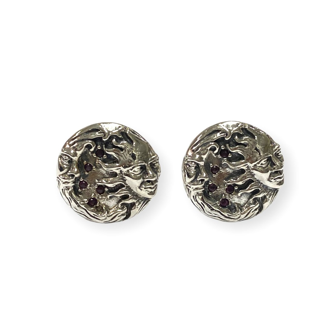 Vintage Style Moon & Sun Ruby Wedding Cufflinks For Groom 925 Sterling Silver - 袖扣 - 纯银 银色