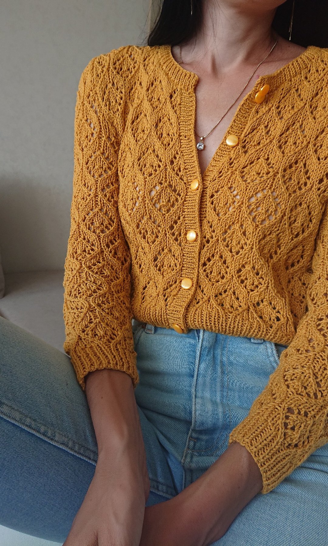 Button long sleeve knit top Cropped sweater jacket Yellow cardigan Lace blouse S - 女装上衣 - 棉 