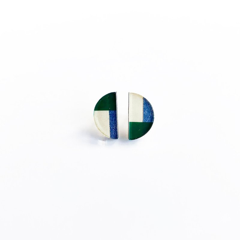 2色半圆耳针 - 耳环/耳夹 - 木头 蓝色
