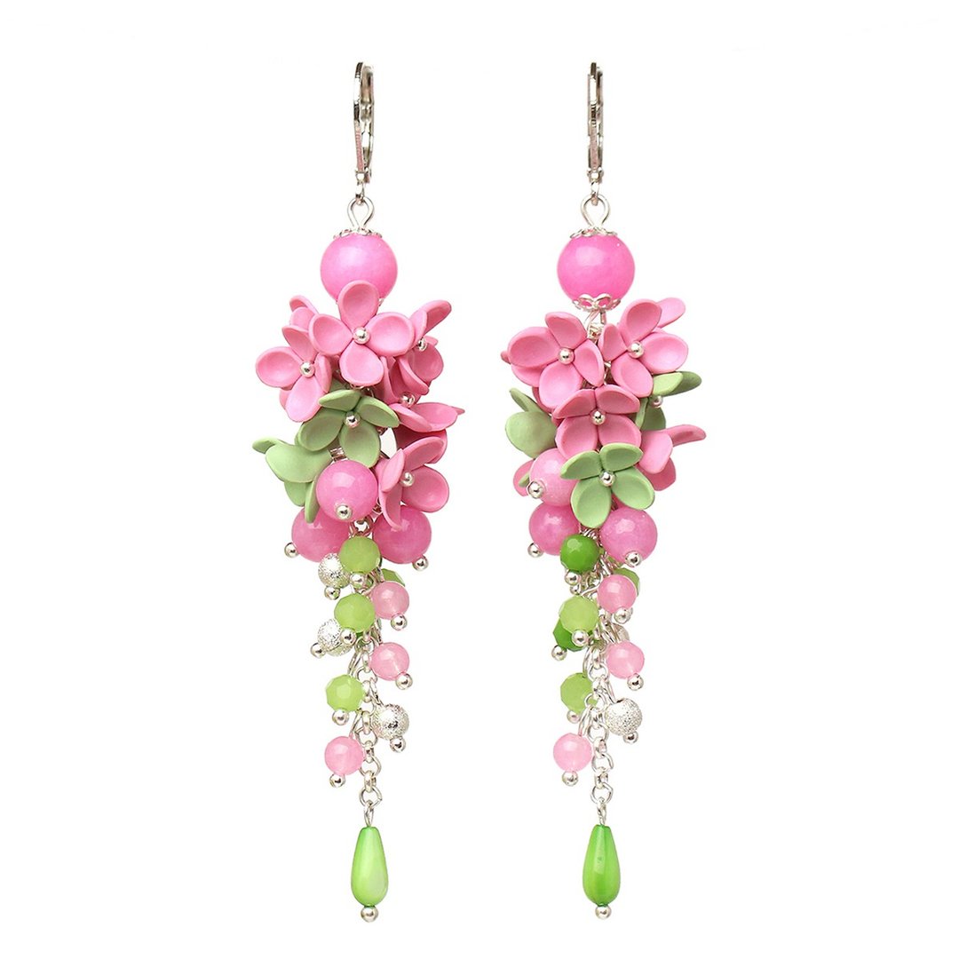 Pink Flower Earrings Foral Earrings Polymer Clay Jewelry Dangle Earrings - 耳环/耳夹 - 粘土 粉红色