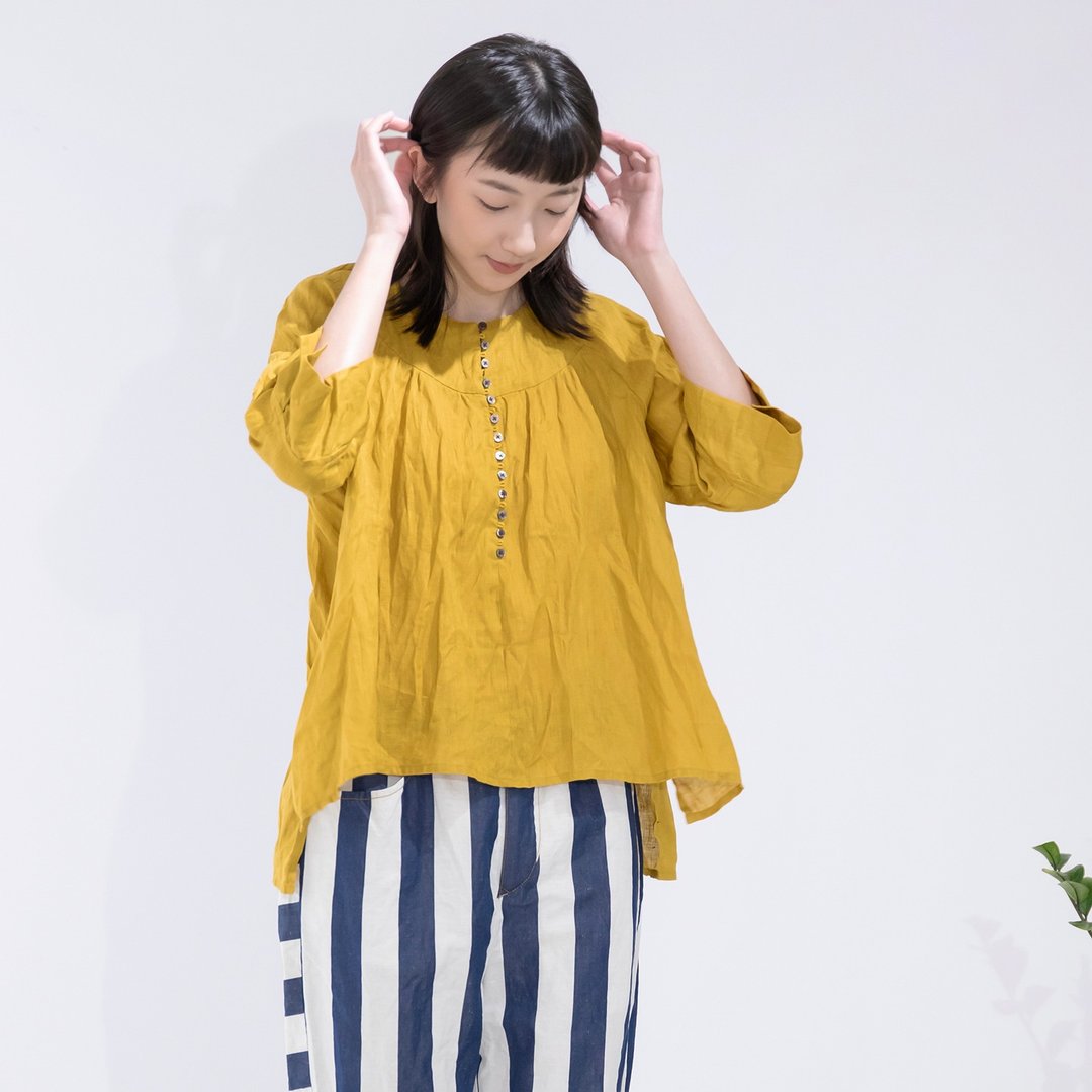 排排站多扣五分袖亚麻上衣 - 女装上衣 - 亚麻 黄色