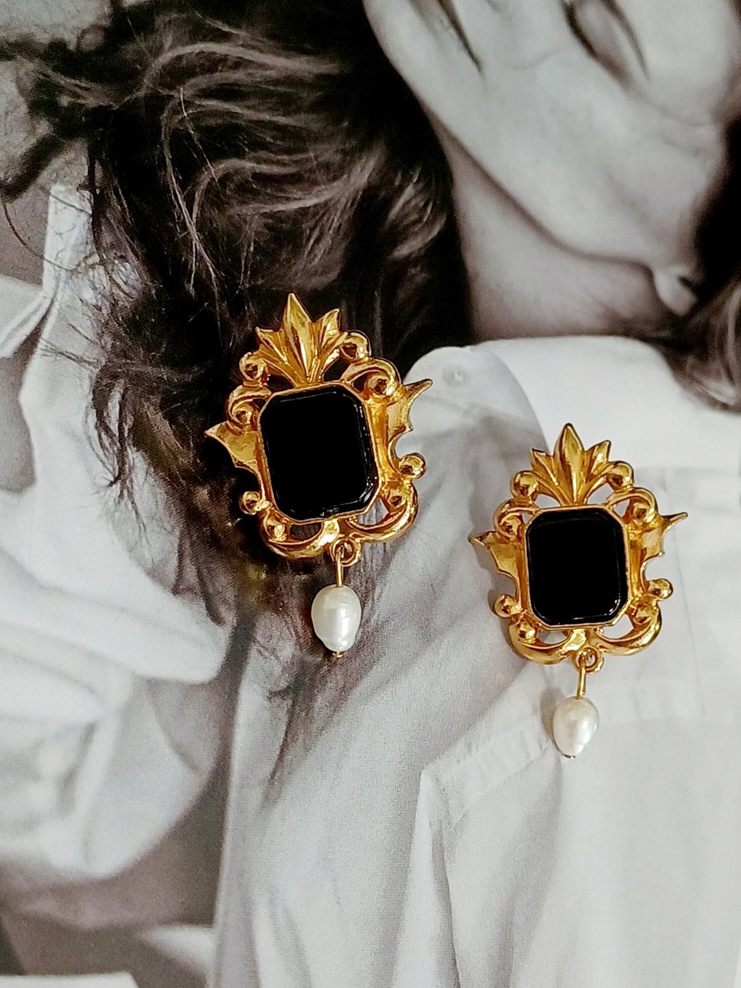 vintage jewelry  古董 AVON 夹式耳环 黑玛瑙 - 耳环/耳夹 - 其他金属 