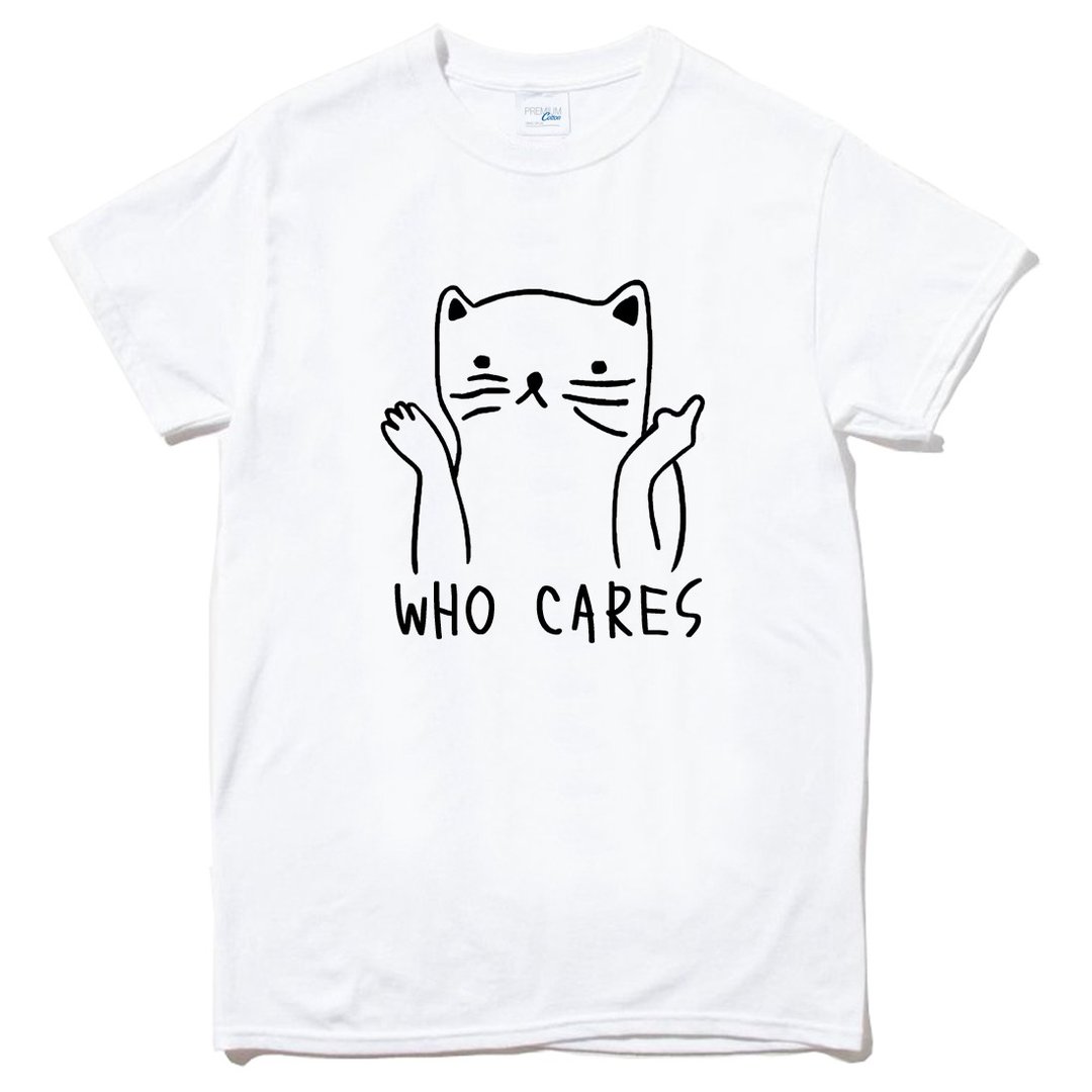 Who Cares Cat #2 中性短袖T恤 白色 柴犬 狗 猫 毛小孩 动物 可爱 趣味 - 男装上衣/T 恤 - 棉 白色