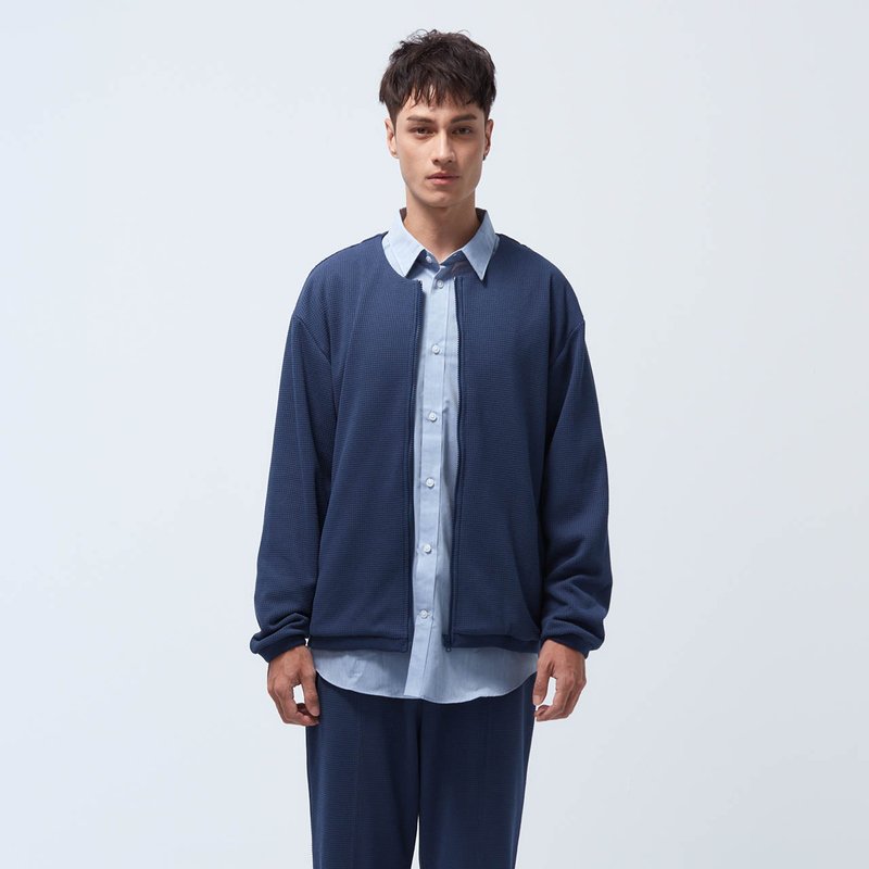 【限时5折】台湾制-苏活华夫格无领外套-徽章蓝 - 男装外套 - 聚酯纤维 蓝色