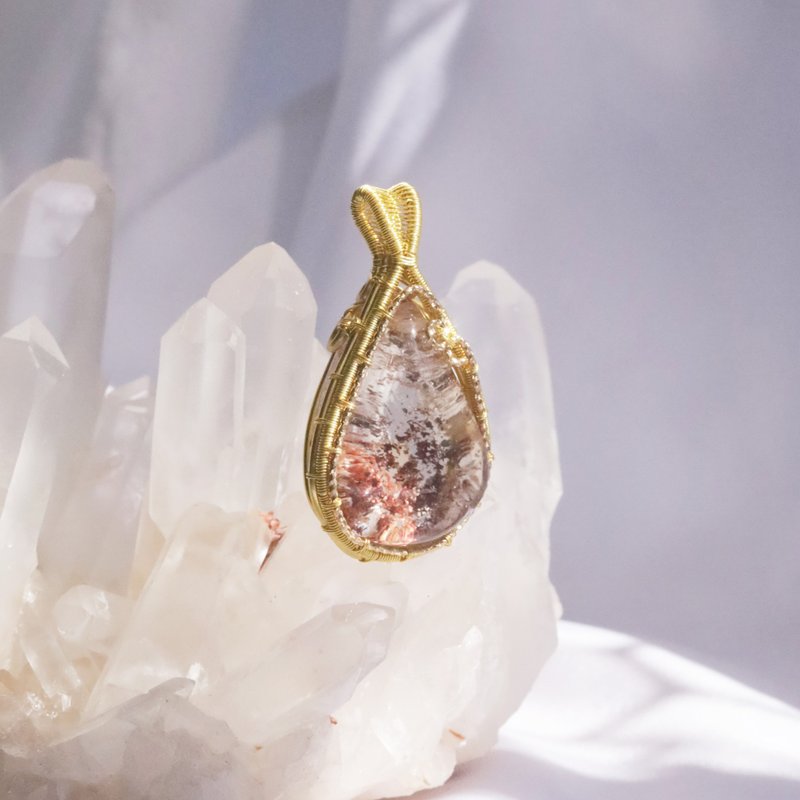 红幽灵 金属绕线编织吊坠 幽灵水晶 透体水晶 吊坠 14K金 - 项链 - 水晶 红色