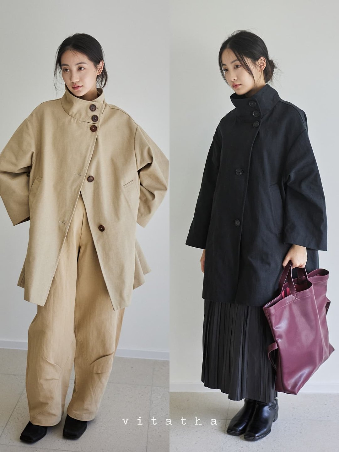 风之赋 秋冬通勤休闲立翻领外套 牛角扣廓形中长款风衣 - 女装休闲/机能外套 - 棉 卡其色