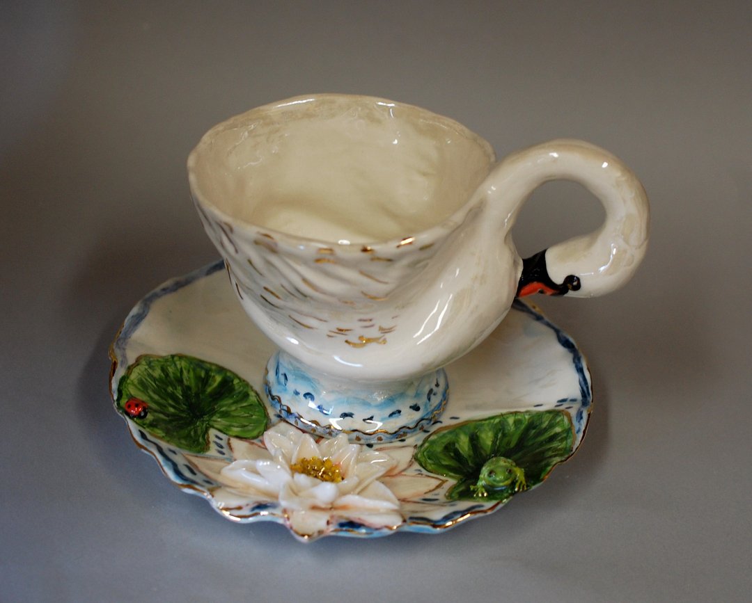Swan Porcelain Tea cup and saucer Figurine tea set Sculpture bird mug - 茶具/茶杯 - 瓷 