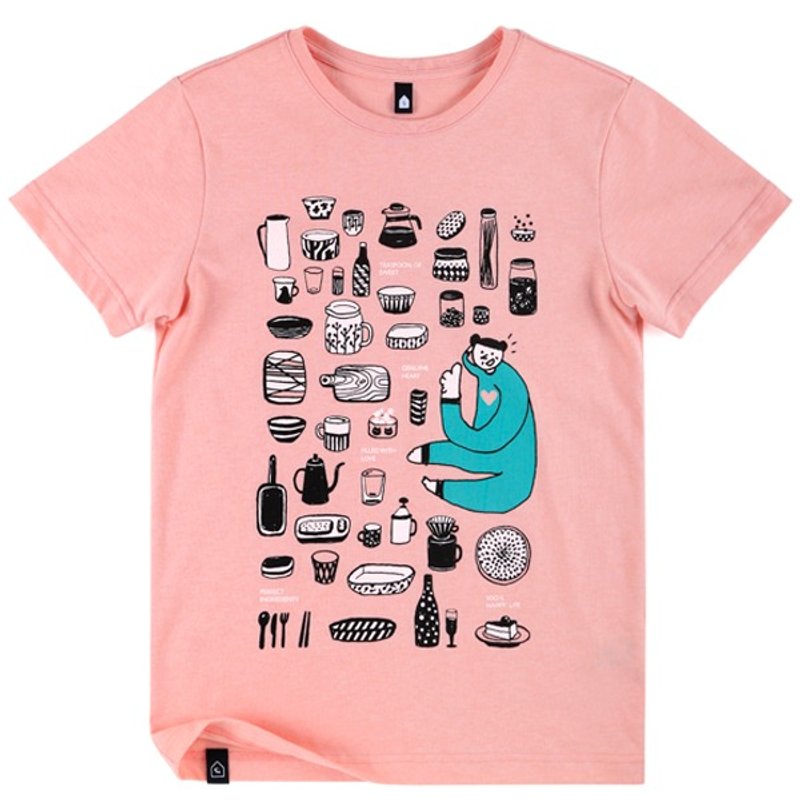 插画T / 100 % 快乐生活-浅粉红麻花款 - 中性连帽卫衣/T 恤 - 棉．麻 粉红色