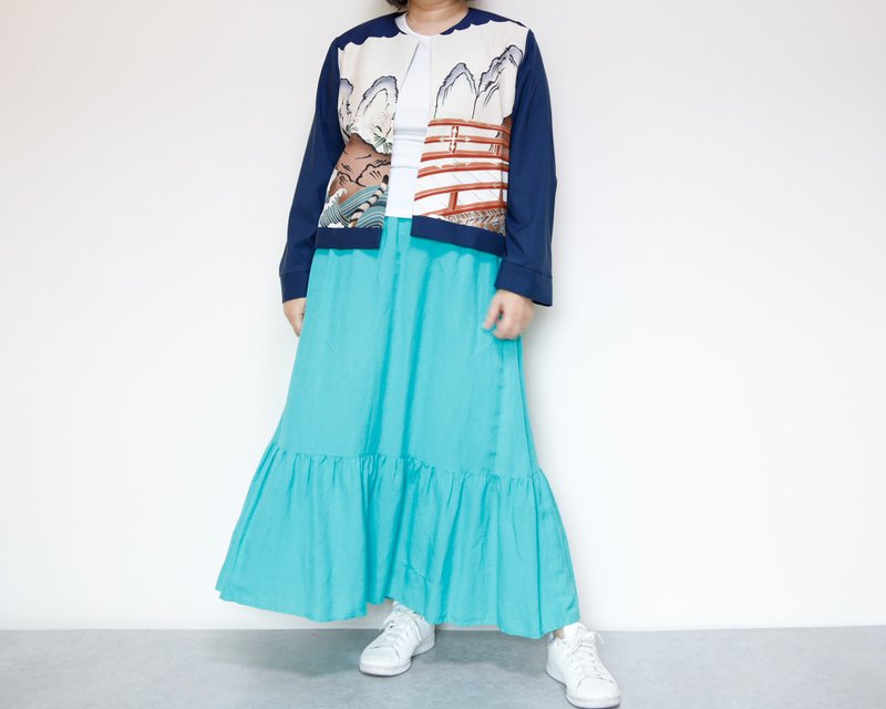 和服圆领夹克 - 由复古和服制成的圆领夹克。独一无二的单品。 - 女装休闲/机能外套 - 聚酯纤维 蓝色