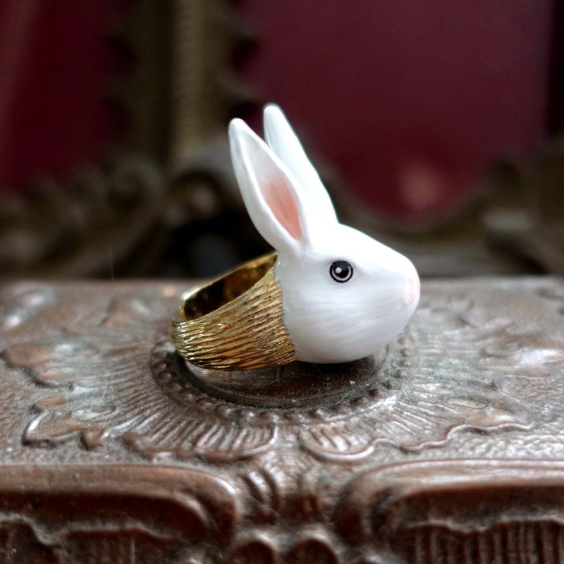 白色兔子头戒指 镀9K真黄金 不掉色不氧化 轻珠宝 开口可调整尺寸 - 戒指 - 其他金属 多色