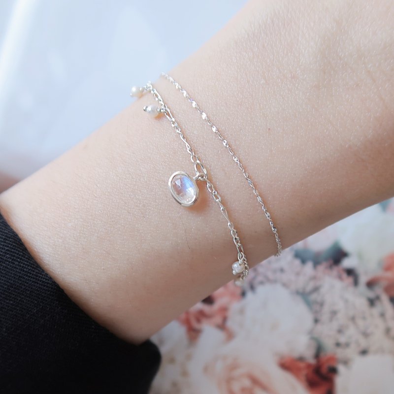 925纯银 点点 椭圆月光石 淡水珍珠 双链 定制化刻字 手链 - 手链/手环 - 纯银 白色