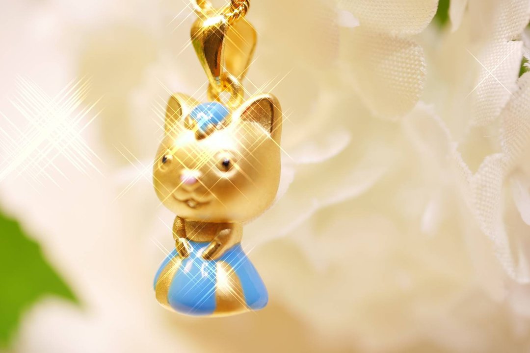 猫主人坠子(硬金) - 项链 - 24k 金 蓝色