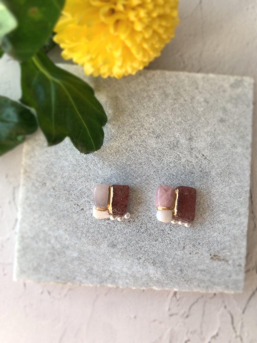 Autumn Color Square Pearl Kintsugi Natural Stone Earrings Clip-On Non-Pierced Earrings Pink Epitode Deep Rose Quartz Moonstone Pearl - 耳环/耳夹 - 石头 粉红色
