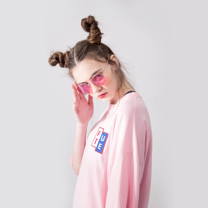【中性款】 脇边绑带圆领短袖t-shirt / 粉红色 - 女装上衣 - 棉 粉红色