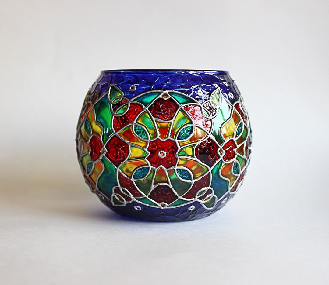 Deep Blue Mosaic Kaleidoscope Candle Holder Abstract Tealight Votive Centerpiece - 蜡烛/烛台 - 玻璃 蓝色