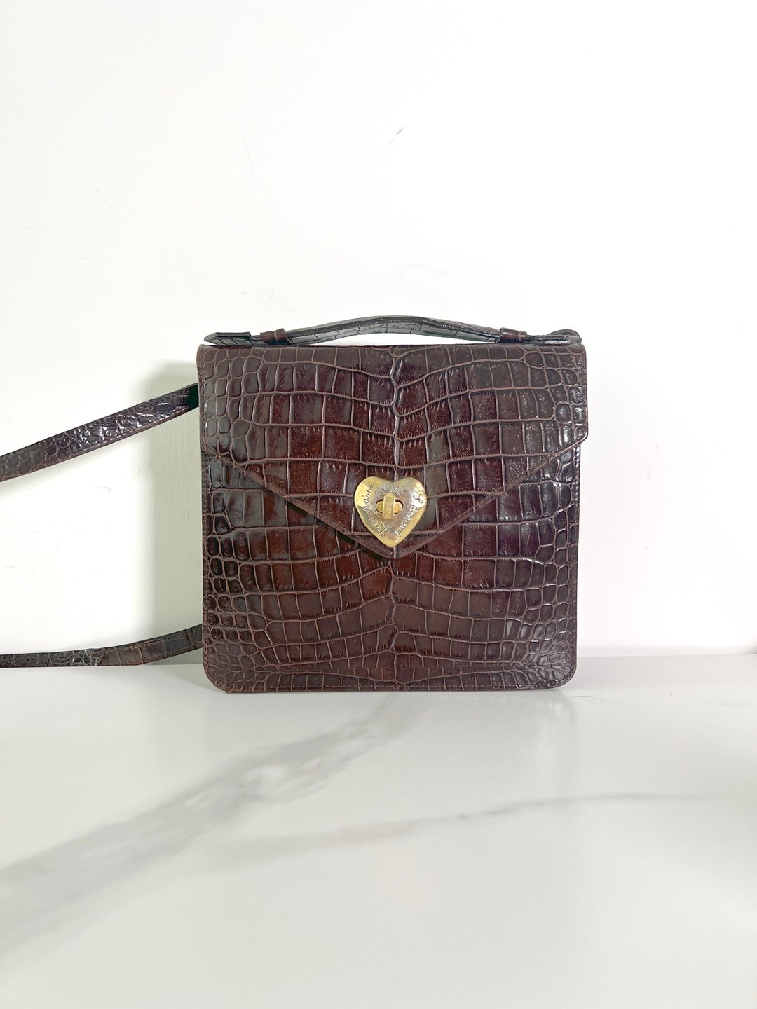 YSL 心心扣鳄鱼纹啡色皮革手提袋侧背袋侧背包 日本中古二手 - 侧背包/斜挎包 - 真皮 咖啡色