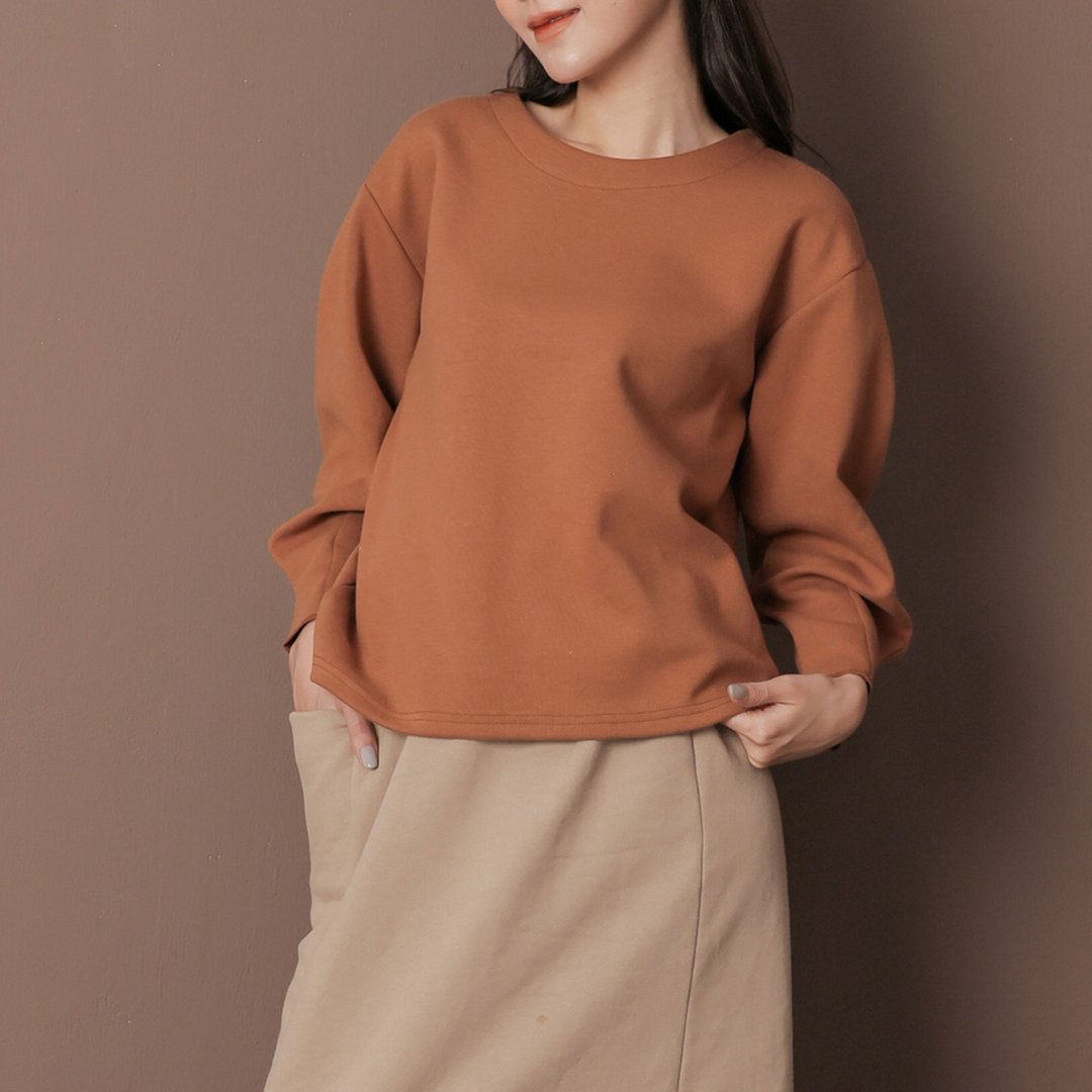 美感收袖-长袖上衣-橘棕色 - 女装上衣 - 棉 橘色