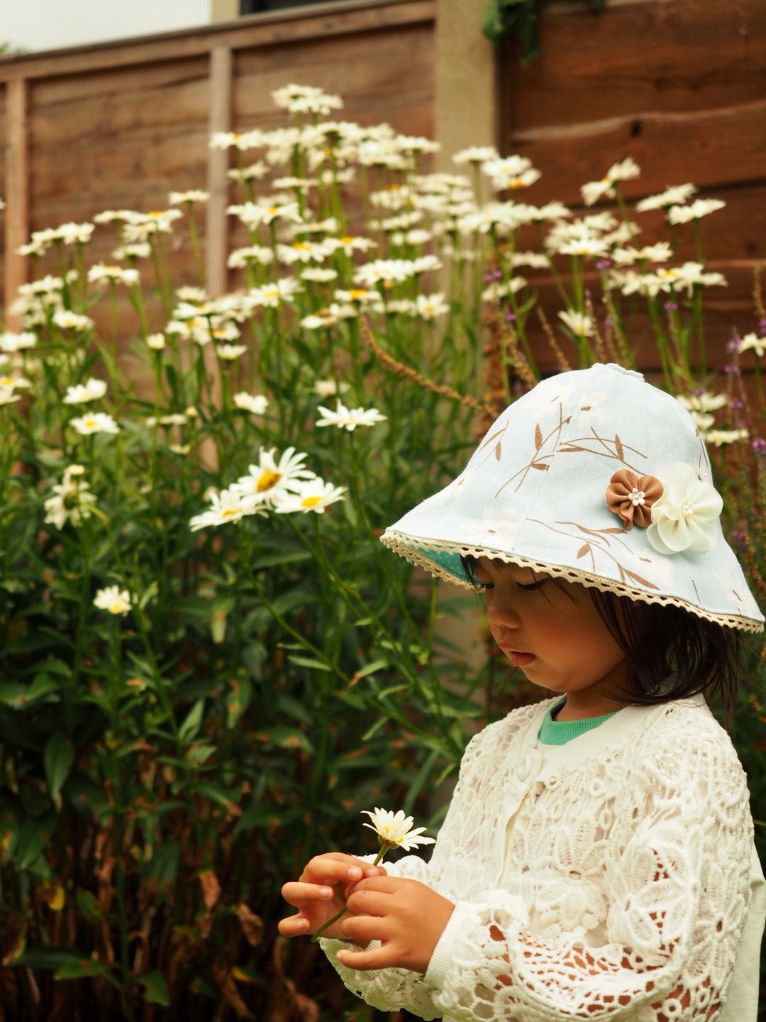 双面清雅小白花图案防风防晒帽子 定制尺寸适合婴儿小孩成人 - 婴儿帽/发带 - 棉 蓝色
