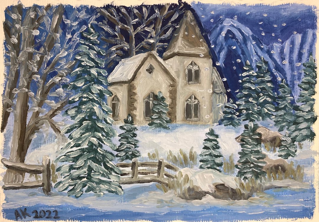雪夜油画，冬天插画，圣诞节在家 - 墙贴/壁贴 - 其他材质 蓝色