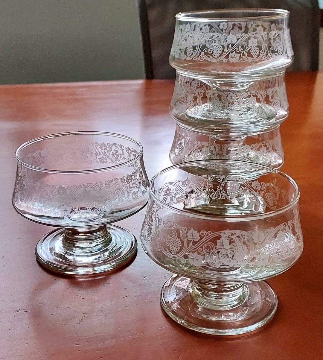 老欧洲 草花纹贴花冰淇淋玻璃杯5个 老品全新 口9 直径10 高8cm - 玻璃杯 - 玻璃 