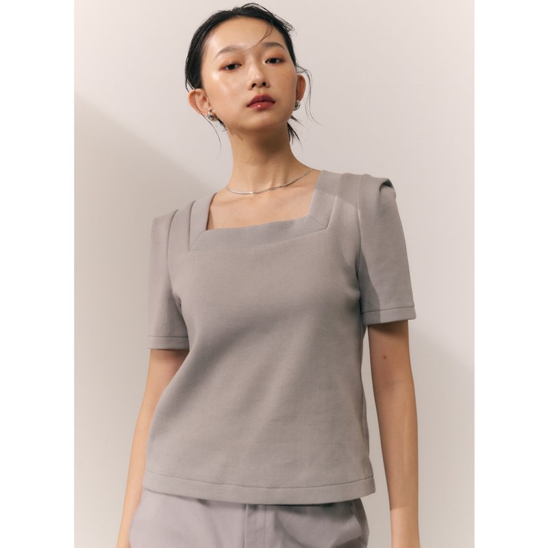 方领肩折上衣 /银灰 - 女装 T 恤 - 棉．麻 灰色