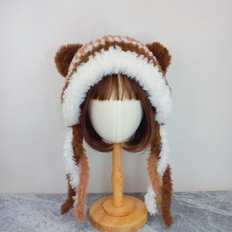 暖软熊耳熊兜帽 皮草毛线帽  手钩编织帽 - 帽子 - 其他人造纤维 咖啡色