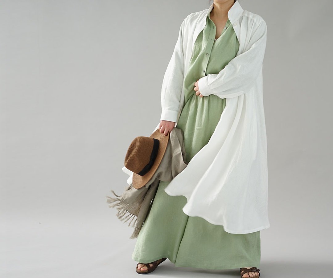wafu  Linen dress / flare / long sleeve / long length / white a080a-wht1 - 洋装/连衣裙 - 棉 白色