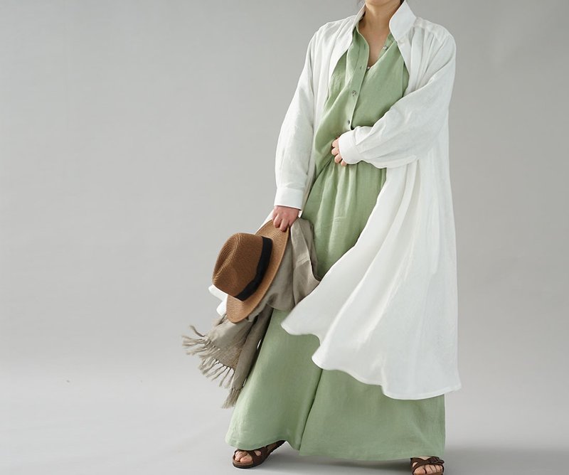 wafu  Linen dress / flare / long sleeve / long length / white a080a-wht1 - 洋装/连衣裙 - 棉 白色