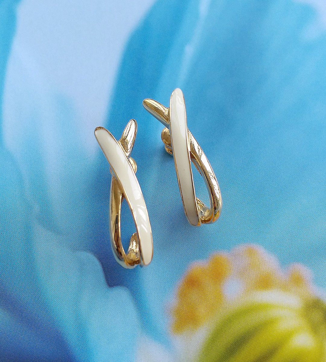 Vintage Jewelry 西洋古董饰品 TRIFARI 简约 C圈 珐琅 针式耳环 - 耳环/耳夹 - 其他金属 透明