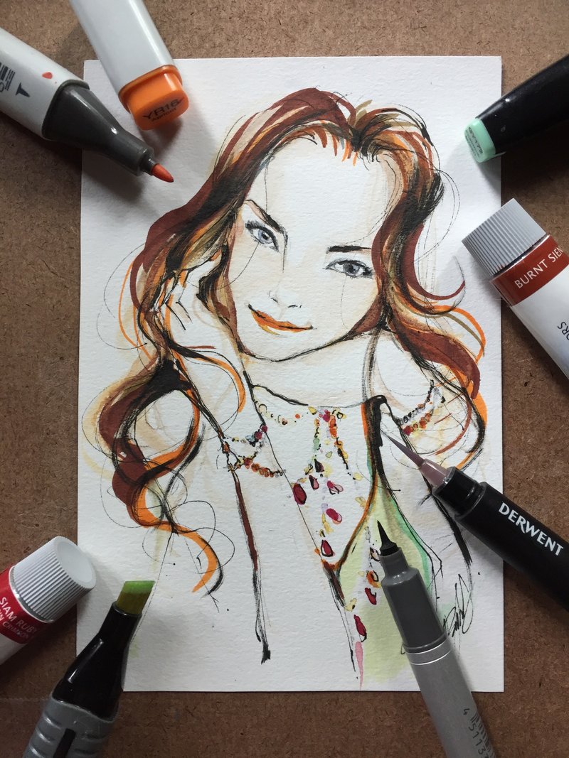 1 person custom fashion portrait drawing 4x6 inches without frame - 订制画像 - 纸 