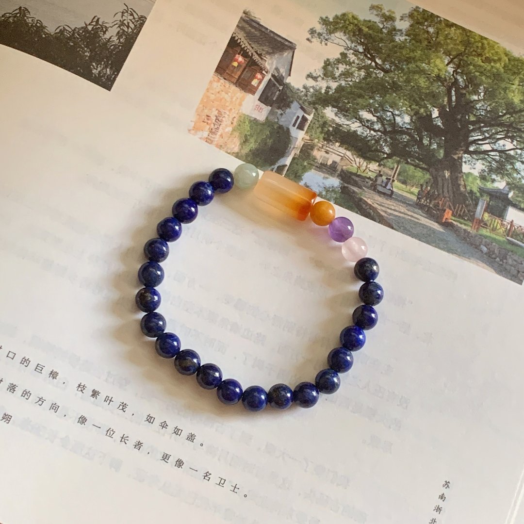 柔蓝一水。天然青金石手链 老黄玉 翡翠 玛瑙桶珠 粉水晶 紫水晶 - 手链/手环 - 玉石 多色