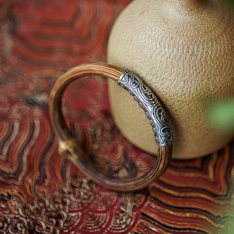 祥云药藤手镯 未时天然野生木镯子925纯银雕花古朴男女民族情侣款 - 手链/手环 - 木头 咖啡色