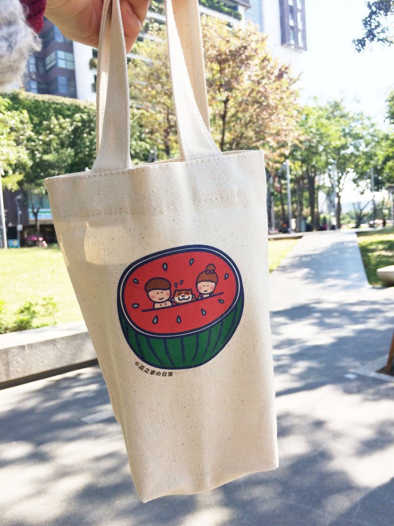 西瓜猫の日常 帆布饮料袋(冰坝杯杯) 手工印制 Canvas bag - 随行杯提袋/水壶袋 - 棉．麻 