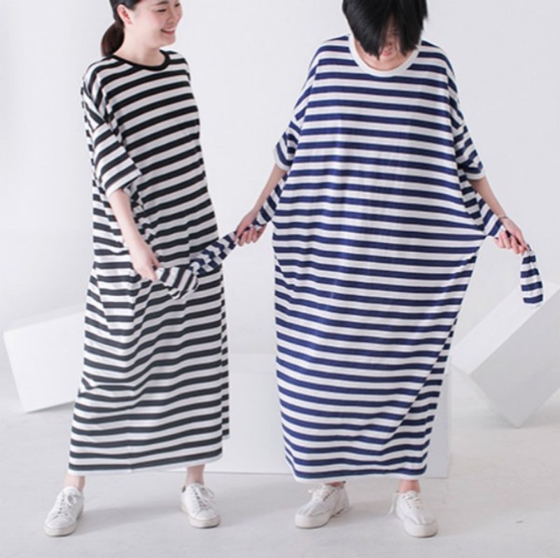 镇店经典重现 套娃2.0越狱兔 纯棉条纹超大超长连衣裙春夏装洋装 - 洋装/连衣裙 - 棉．麻 黑色