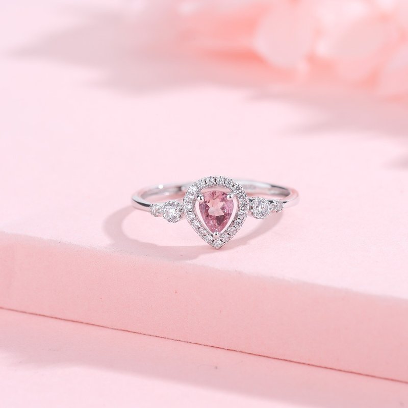 粉红碧玺4mm925纯银精镀亮泽白金圈戒指 - 戒指 - 宝石 多色