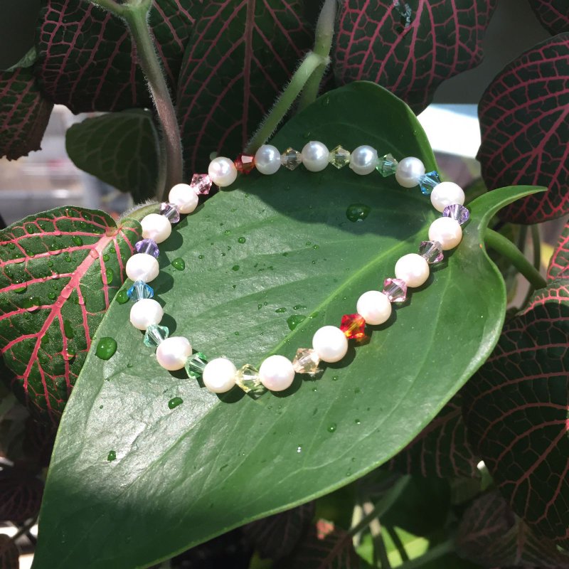 彩虹系列- 虹色Swarovski水晶配养殖淡水珍珠弹性手链 - 手链/手环 - 珍珠 白色